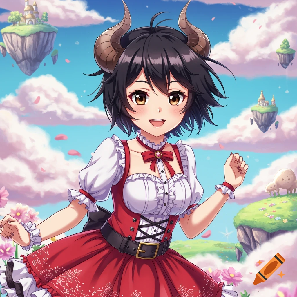 Anime girl with horns in a red dress smiles in a fantasy landscape with floating islands and sheep.
