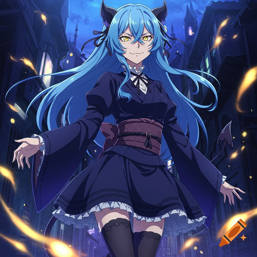 Anime demon girl with blue hair, horns, and tail in a dark street.