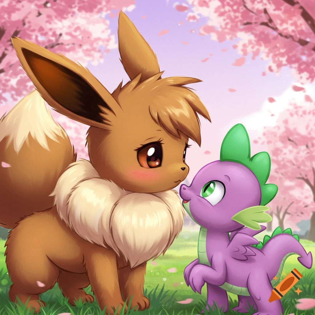 An Eevee and Spike from MLP look at each other in a field with cherry blossoms.
