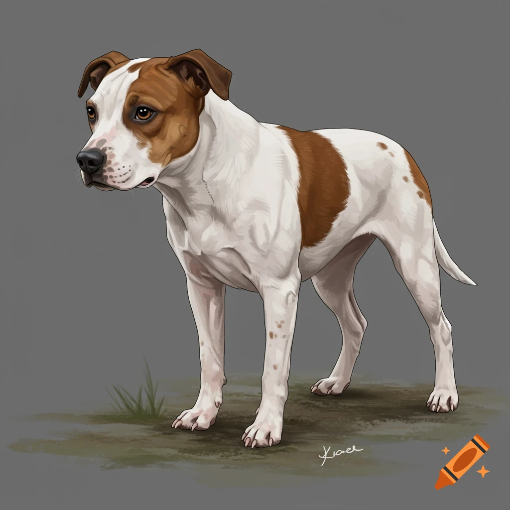A white and brown patched dog standing.