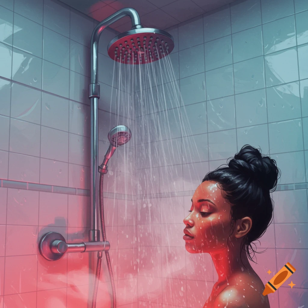 A person showering in a bathroom with red light.