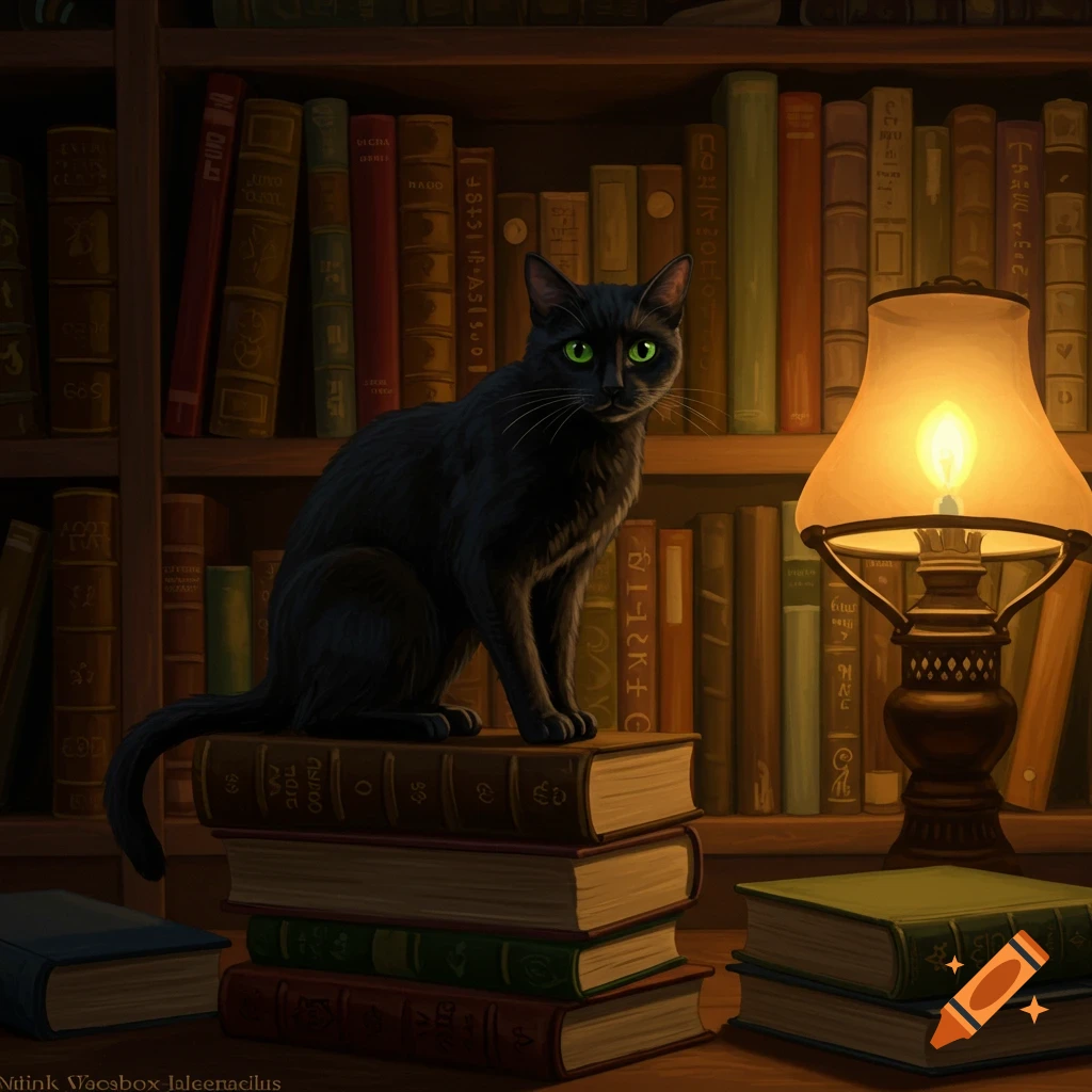 A black cat sits on a stack of books in a library, lit by a lamp.