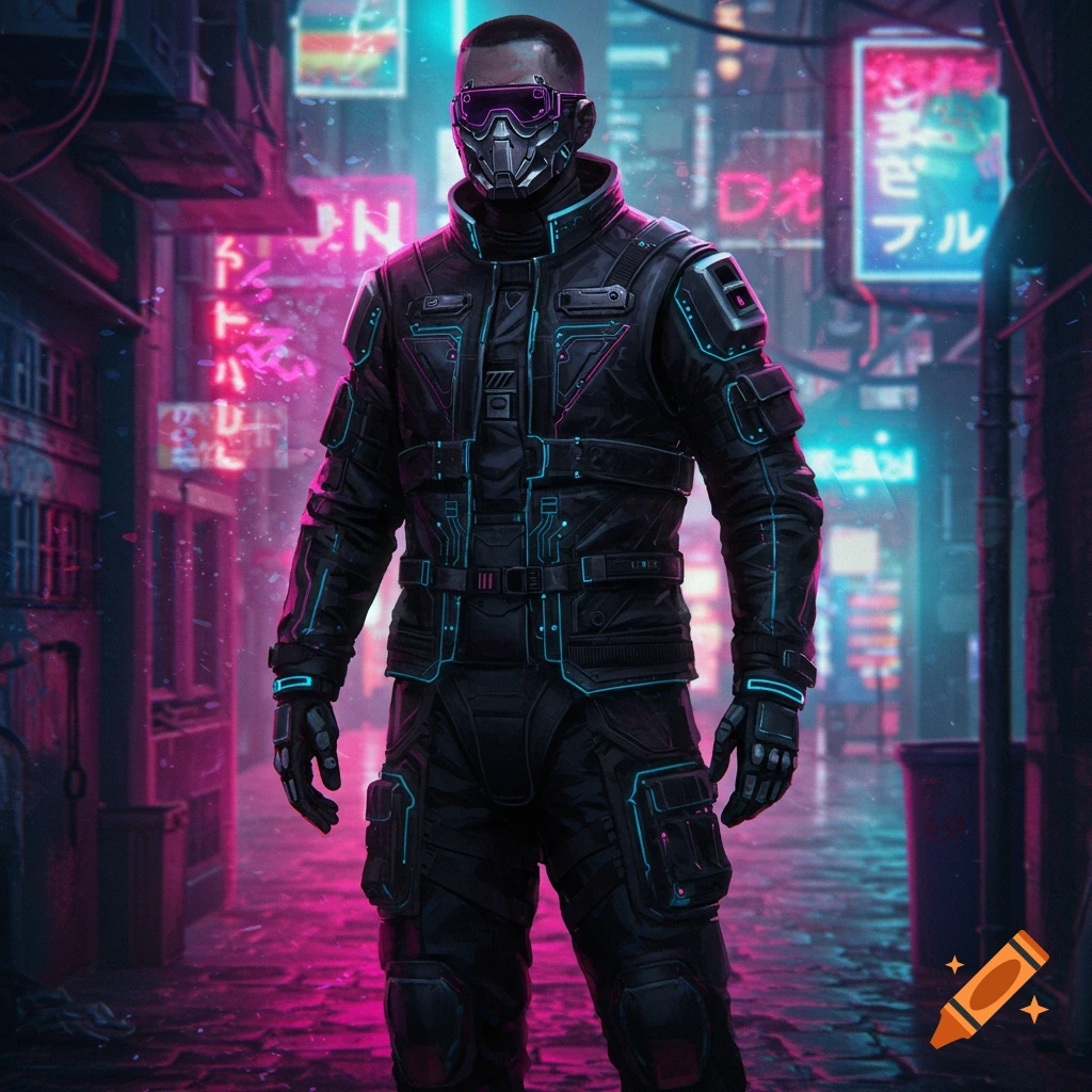 A male character in a black cyberpunk suit stands on a neon-lit city street