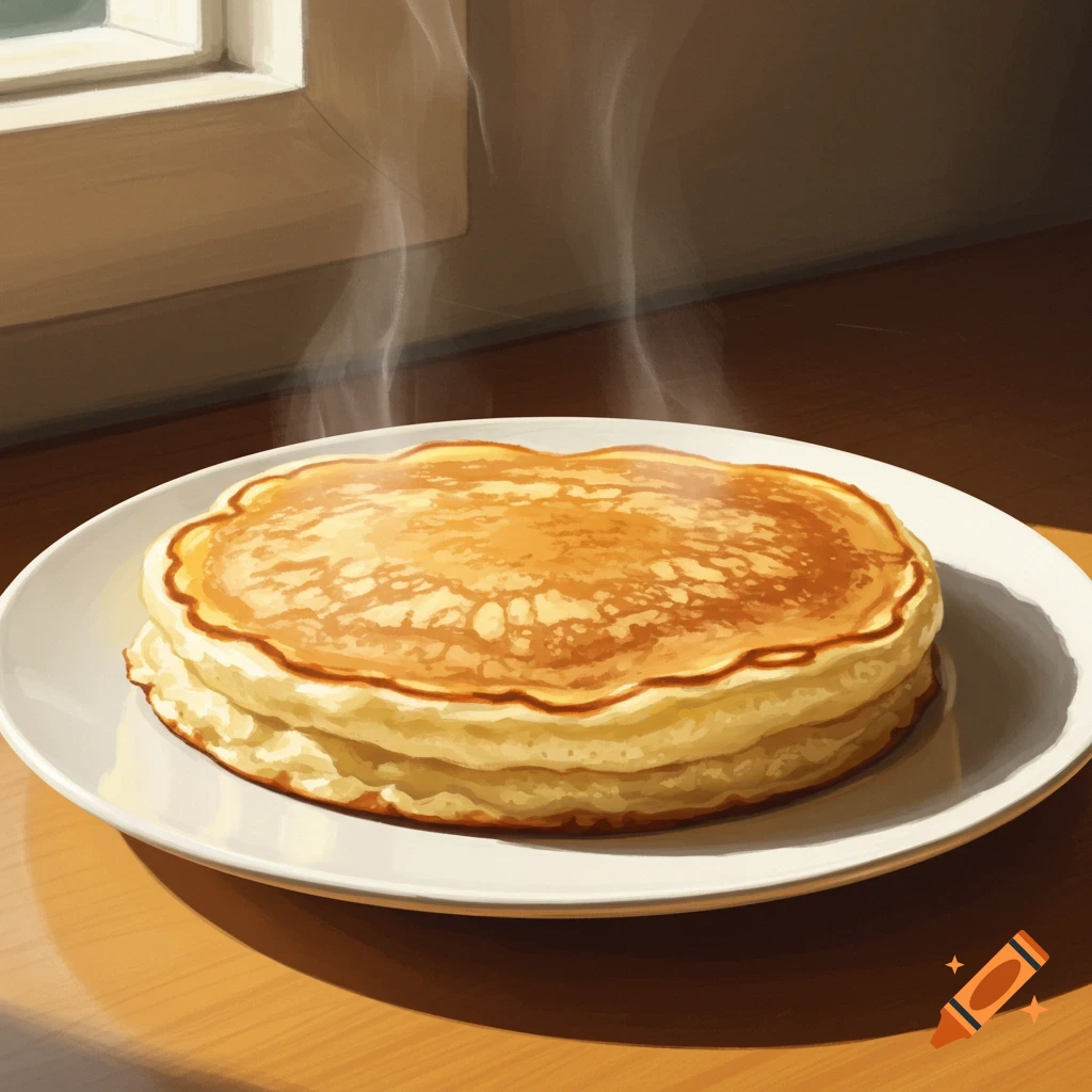Steaming pancakes on a plate by a window.