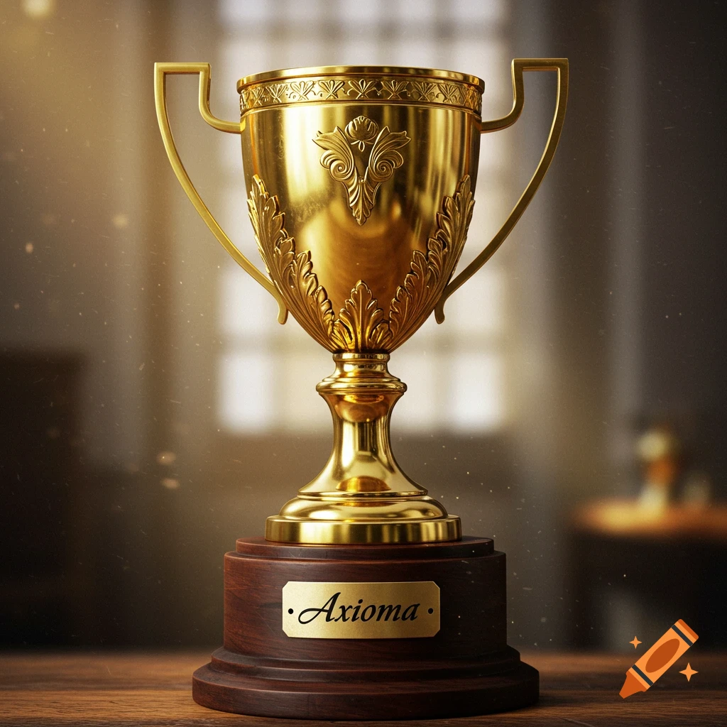 A golden trophy on a wooden base with the name Axioma, in a blurred background.
