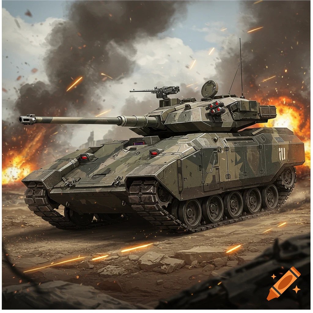 A military tank in a battle scene with explosions and smoke.