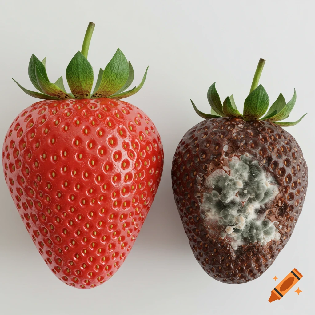 A photorealistic image showing a fresh red strawberry and a rotten, moldy brown strawberry on a white background.
