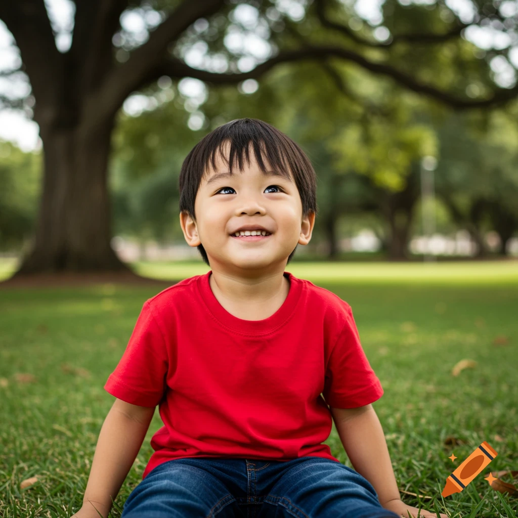 Young boy smiling and looking up while sitting on grass in a park.