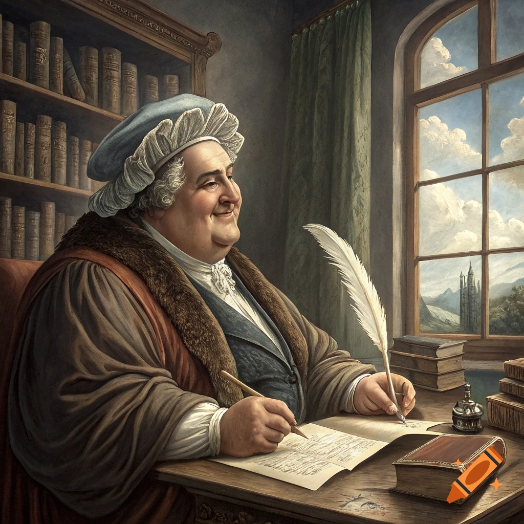A portly man in historical clothing writes with a quill at a desk in a library, depicted in a realistic painting style.