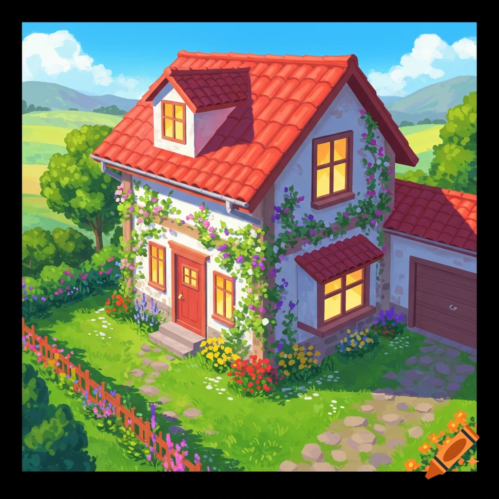 A charming house with a red tile roof and vines, surrounded by a colorful garden, fence, trees, and rolling green hills under a blue sky.