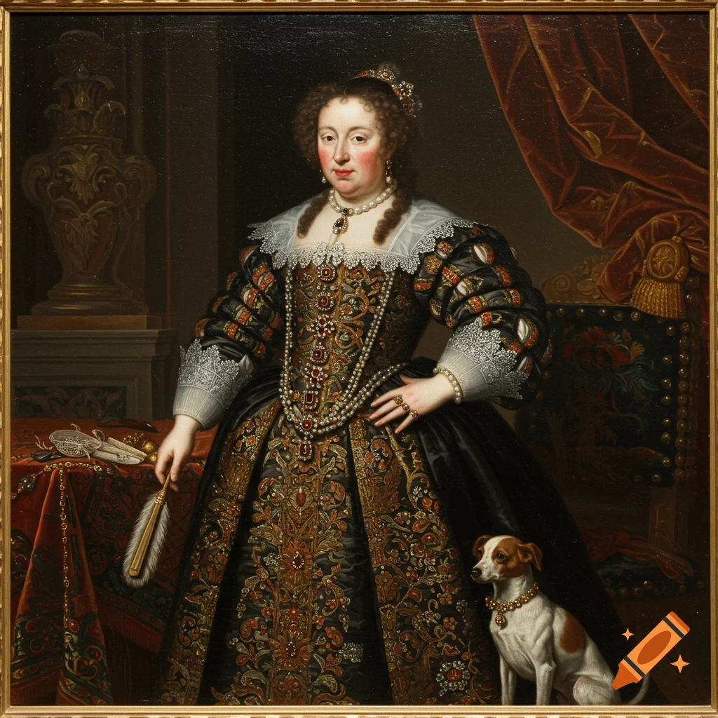 Baroque portrait painting of a woman in elaborate dress with pearls and a dog.