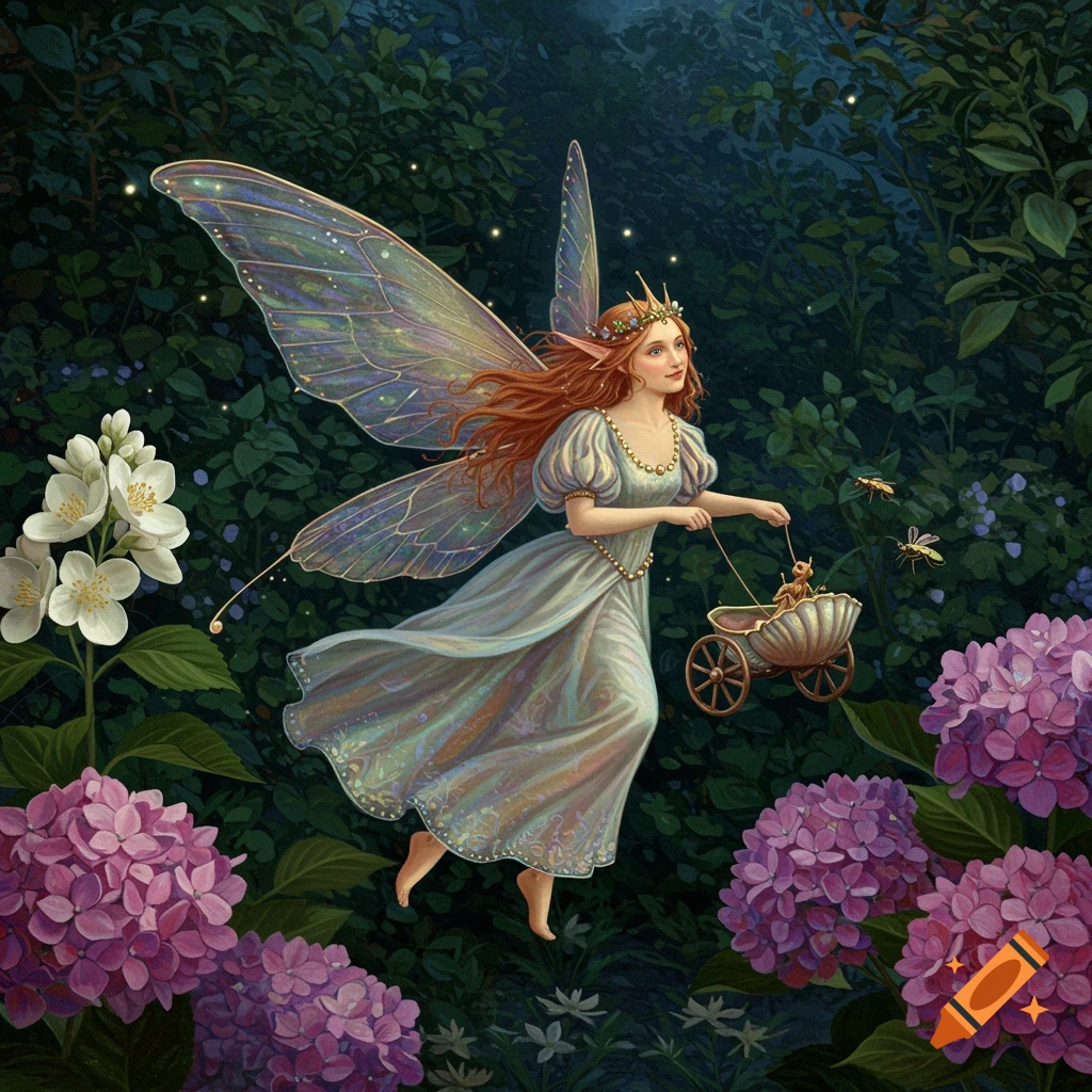 A fairy queen with large wings pulling a shell chariot through a moonlit garden.