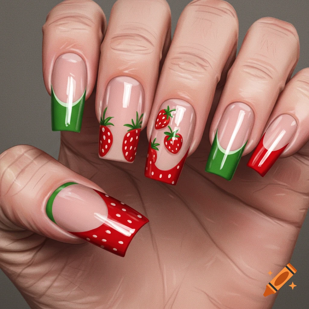 Close-up of a hand with strawberry and French tip nail art.