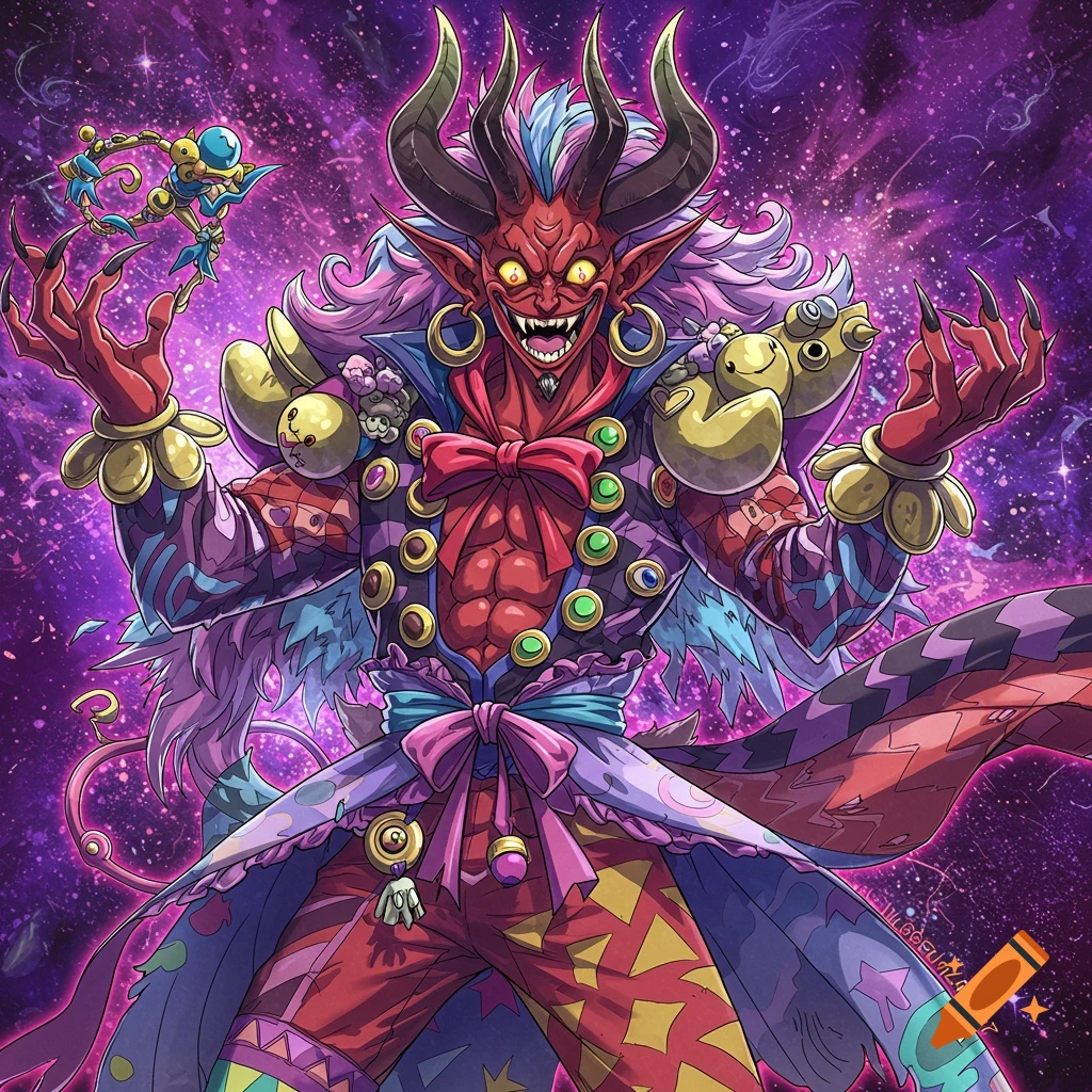 Anime illustration of a red demon in a colorful jester-like outfit against a starry background