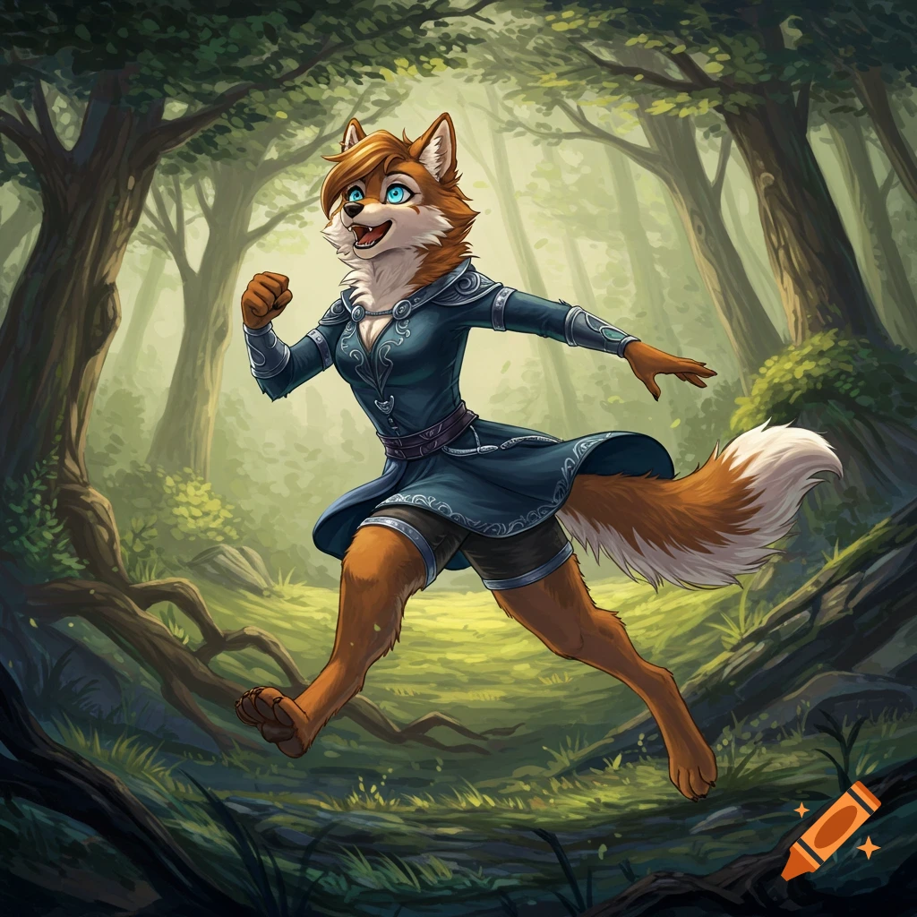 Furry fox character in a blue tunic running through a sunlit forest.