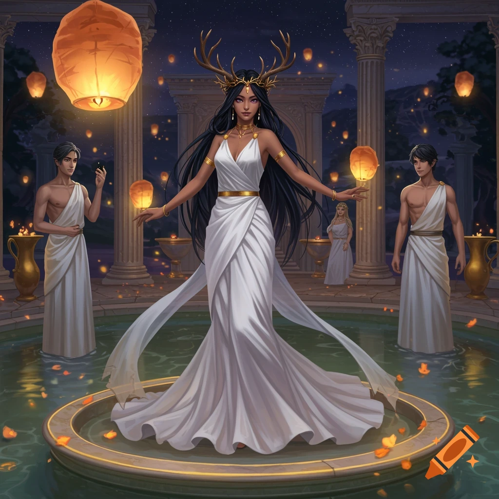 Anime style goddess with antler crown and white dress in a Roman temple bath with floating lanterns and attendants.