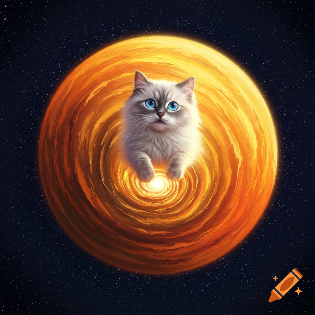 A fluffy white and grey cat floating in front of a glowing orange star in space.