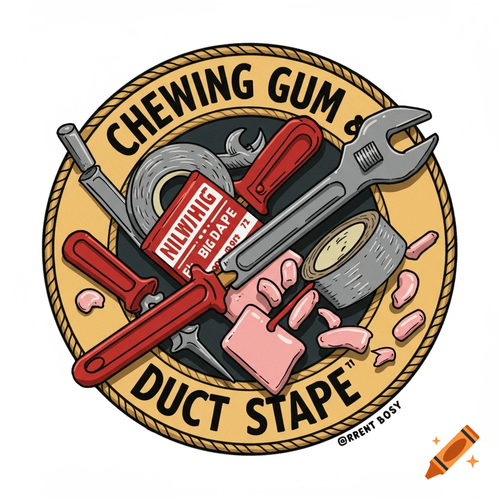 A circular cartoon merit badge illustration featuring tools, scattered chewing gum, and duct tape around the text "CHEWING GUM & DUCT STAPE".