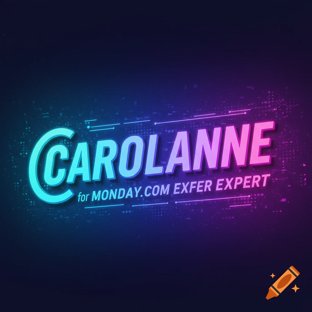 Digital graphic with blue and pink text 'CAROLANNE for MONDAY.COM EXFER EXPERT'.