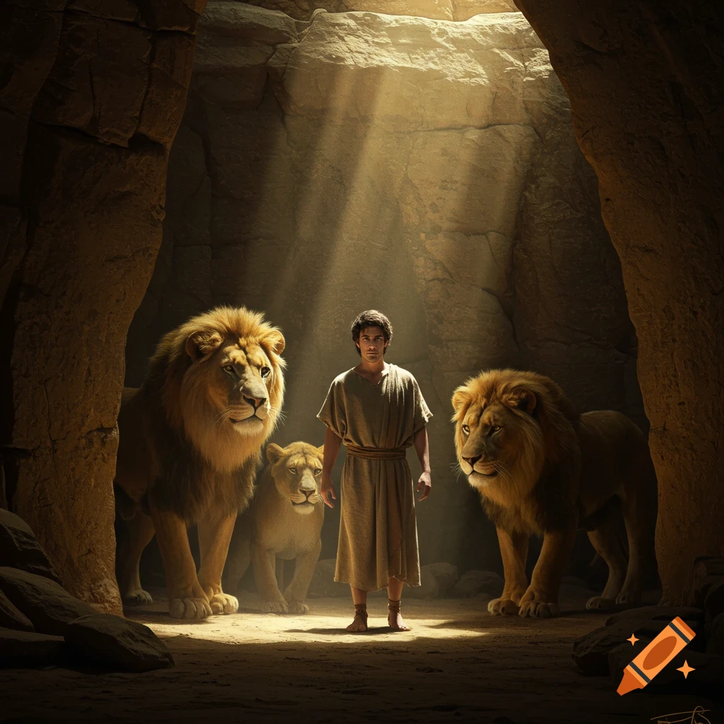 A man stands between three lions in a cave with light beams from above.