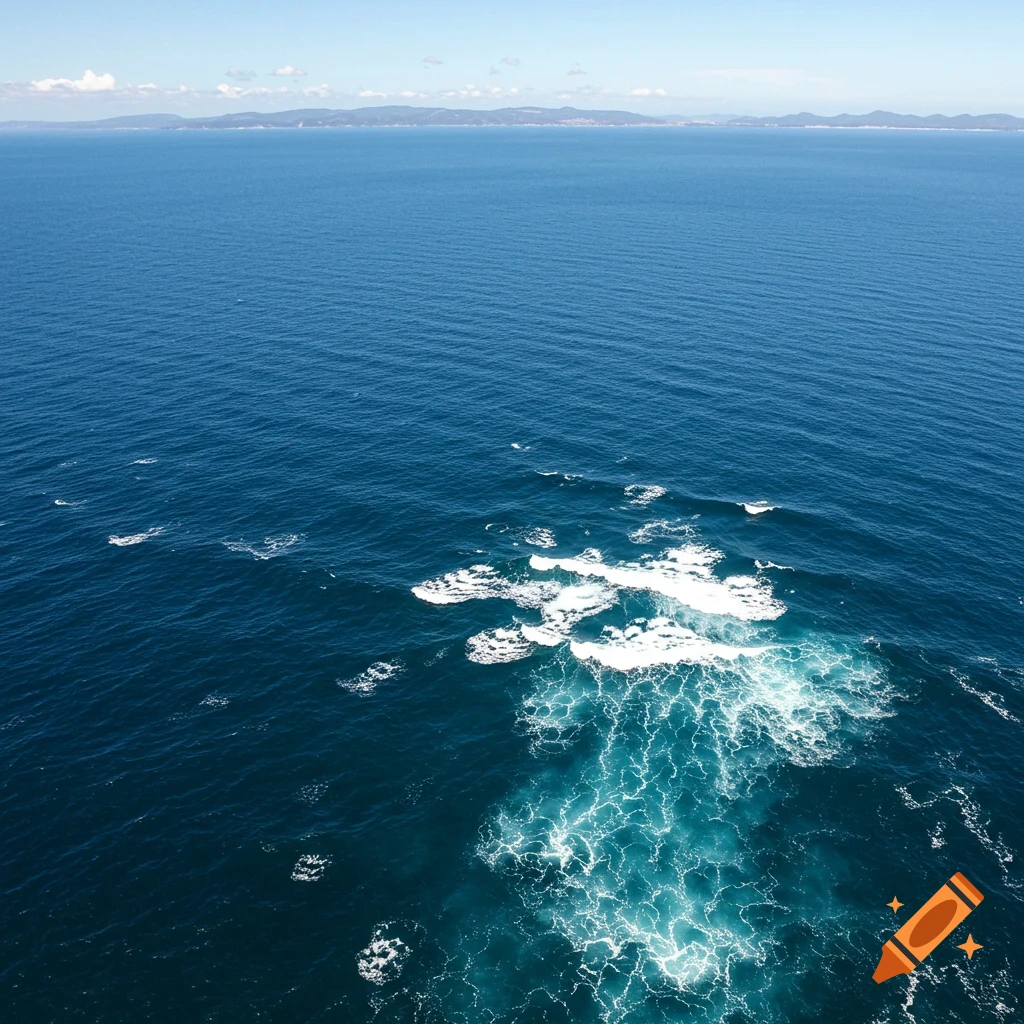 Aerial view of dark blue ocean water with white waves and a distant coastline under a blue sky.