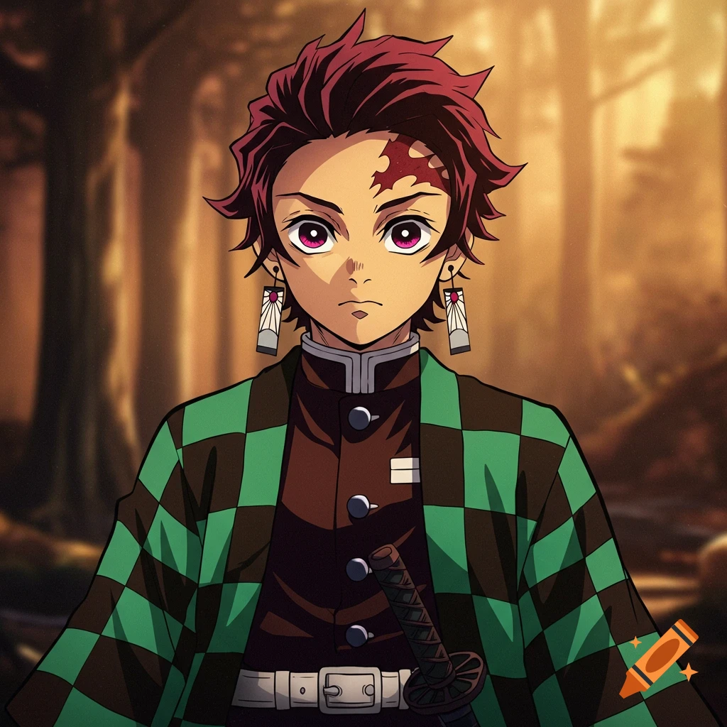 Anime portrait of Tanjiro from Demon Slayer in a forest background