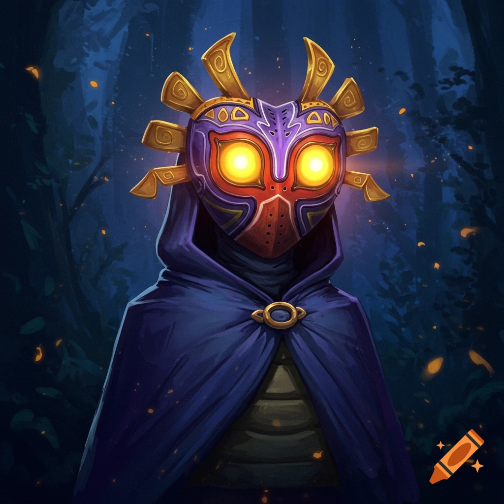 A hooded figure wearing a purple and red mask with glowing yellow eyes in a dark forest.