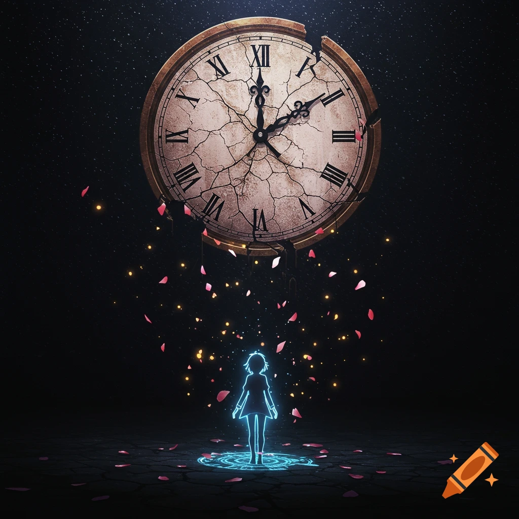 A cracked, ancient clock hangs in a dark void with glowing petals falling around it. Below, a glowing blue silhouette of a person stands looking up, surrounded by light.