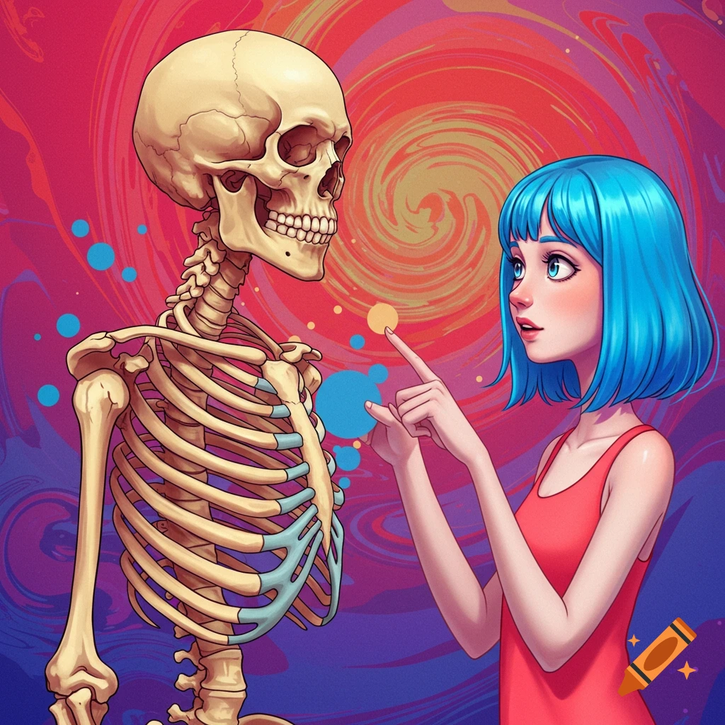A blue-haired girl points at a skeleton against a colorful, swirling background.