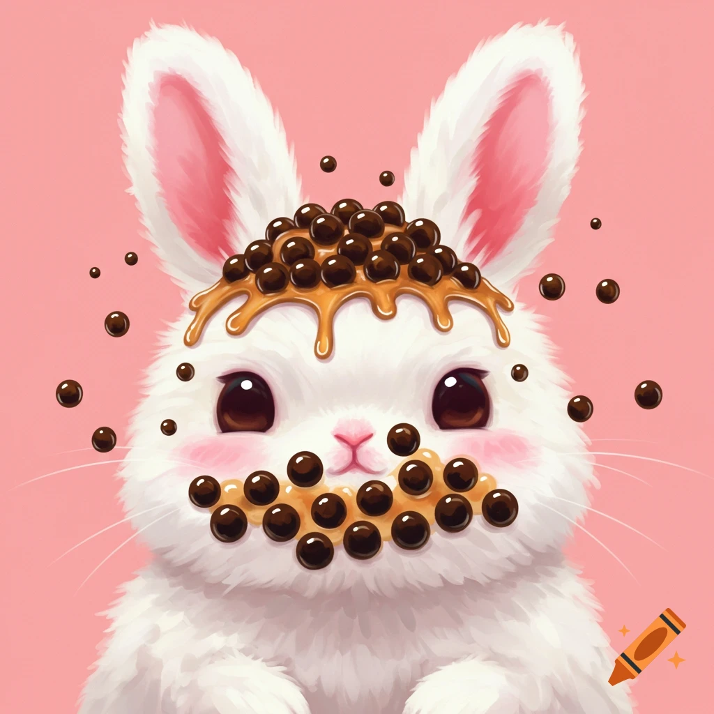 Cute white bunny with boba pearls and syrup on its face against a pink background, digital art.