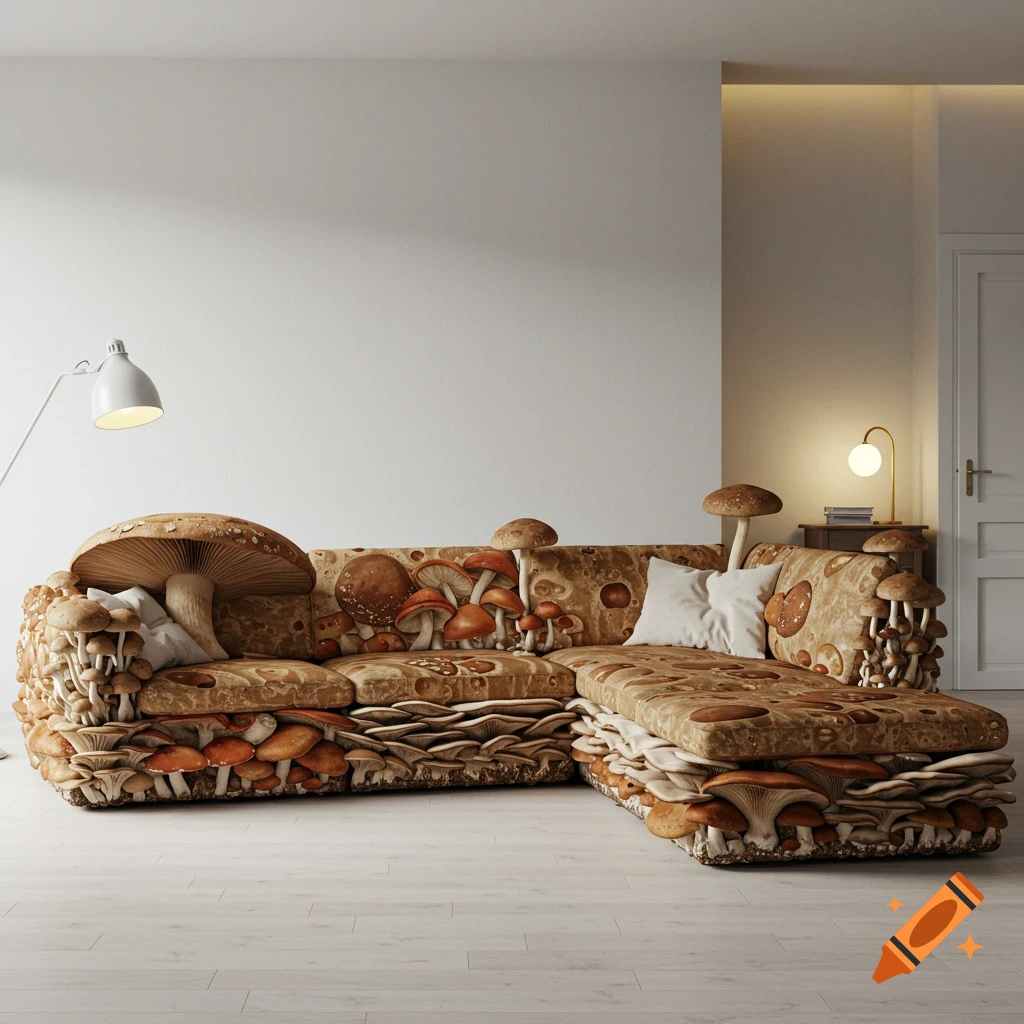 A sectional couch made entirely of mushrooms is in a room.