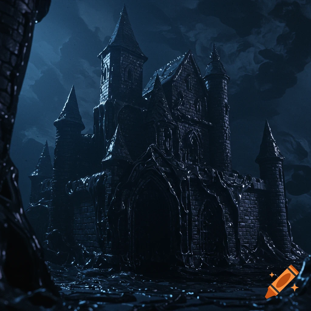 A dark gothic castle formed by goopy liquid under a stormy sky.