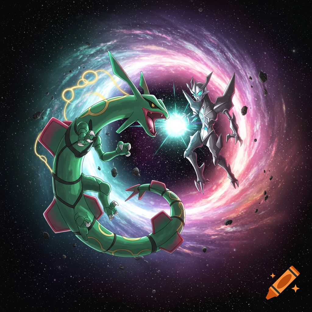 Mega Rayquaza fighting Ultra Necrozma in space with an ultra wormhole.