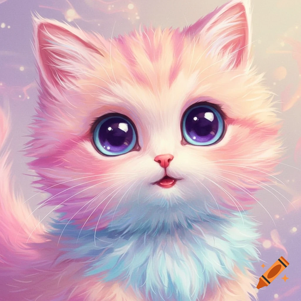 A cute, fluffy pink and white kitten with large purple eyes.