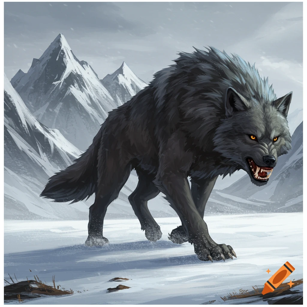 Fenrir the wolf monster running through a snowy mountain landscape.