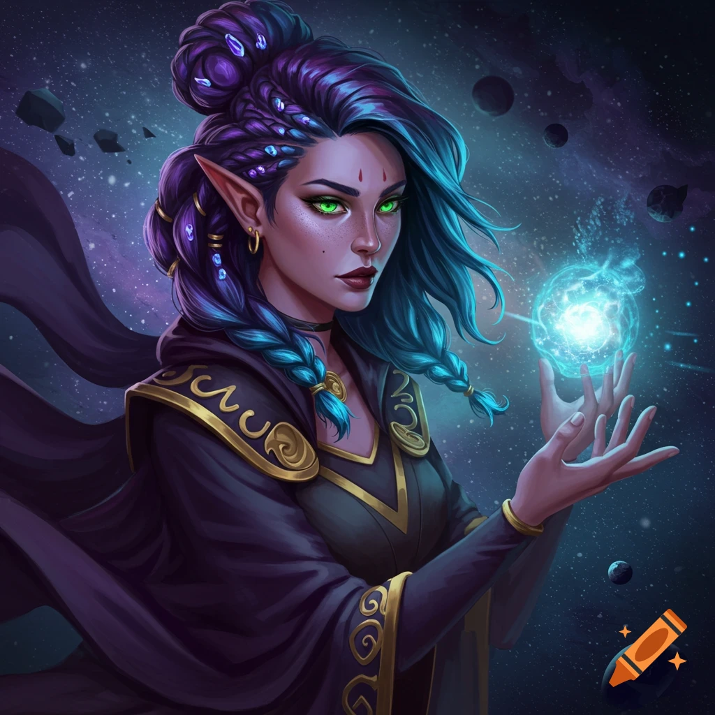 Purple-haired, elf-like woman casting a magic spell in space.