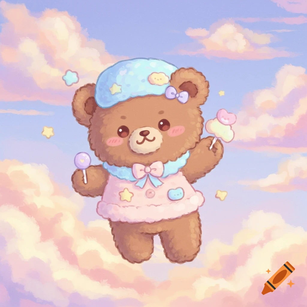 Kawaii brown bear in pastel clothes floats in cloudy sky holding lollipops.