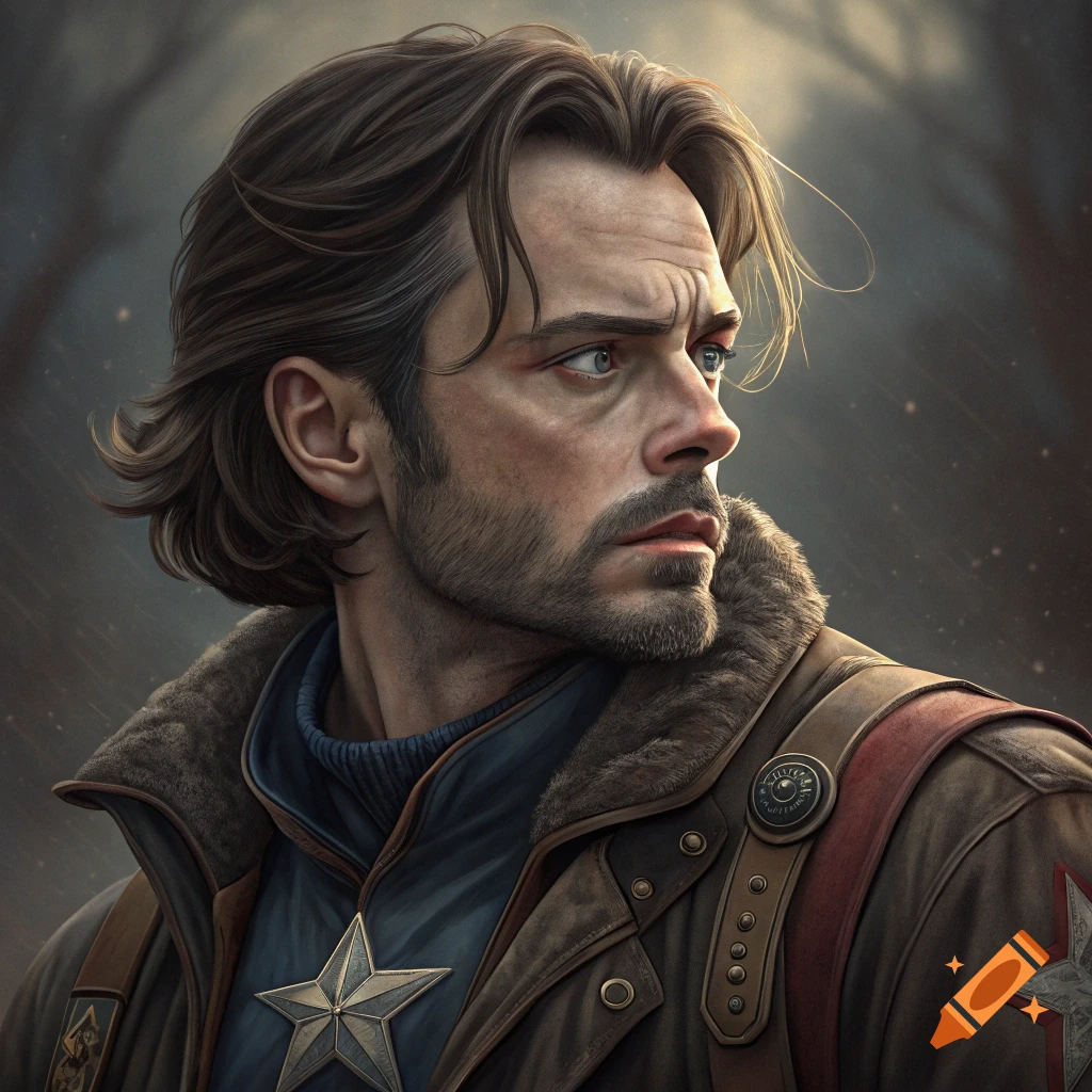 A realistic portrait of a man with long brown hair and beard wearing a leather jacket with a star emblem.