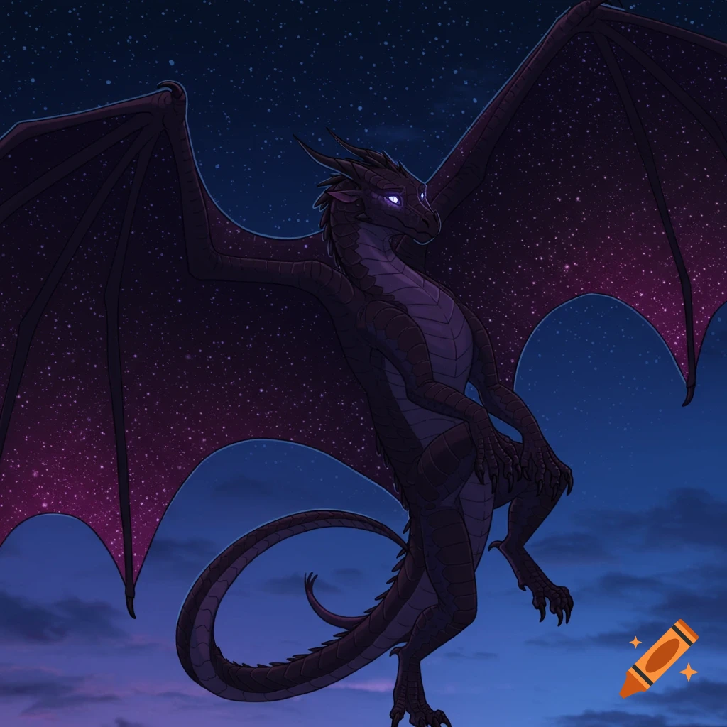Dark purple dragon with starry wings flying against a twilight sky.