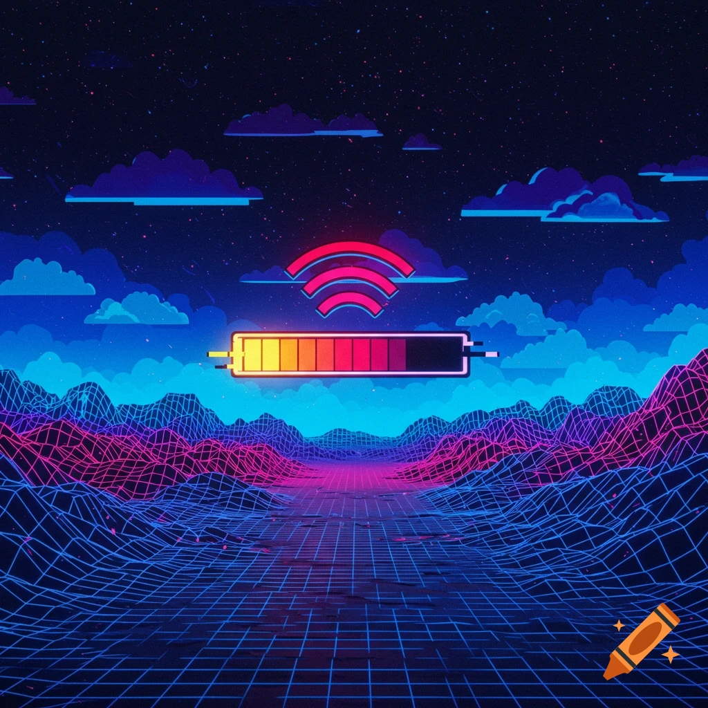 Synthwave landscape with glowing grid lines, mountains, clouds, a battery icon, and a signal icon under a starry sky.