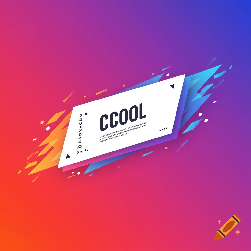 A geometric banner with the text "CCOOL", surrounded by abstract shapes on a red, orange, and blue gradient background.