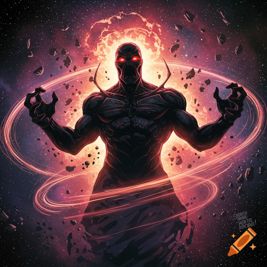 A comic book style image of a dark, muscular figure with glowing red eyes, surrounded by red energy in space.