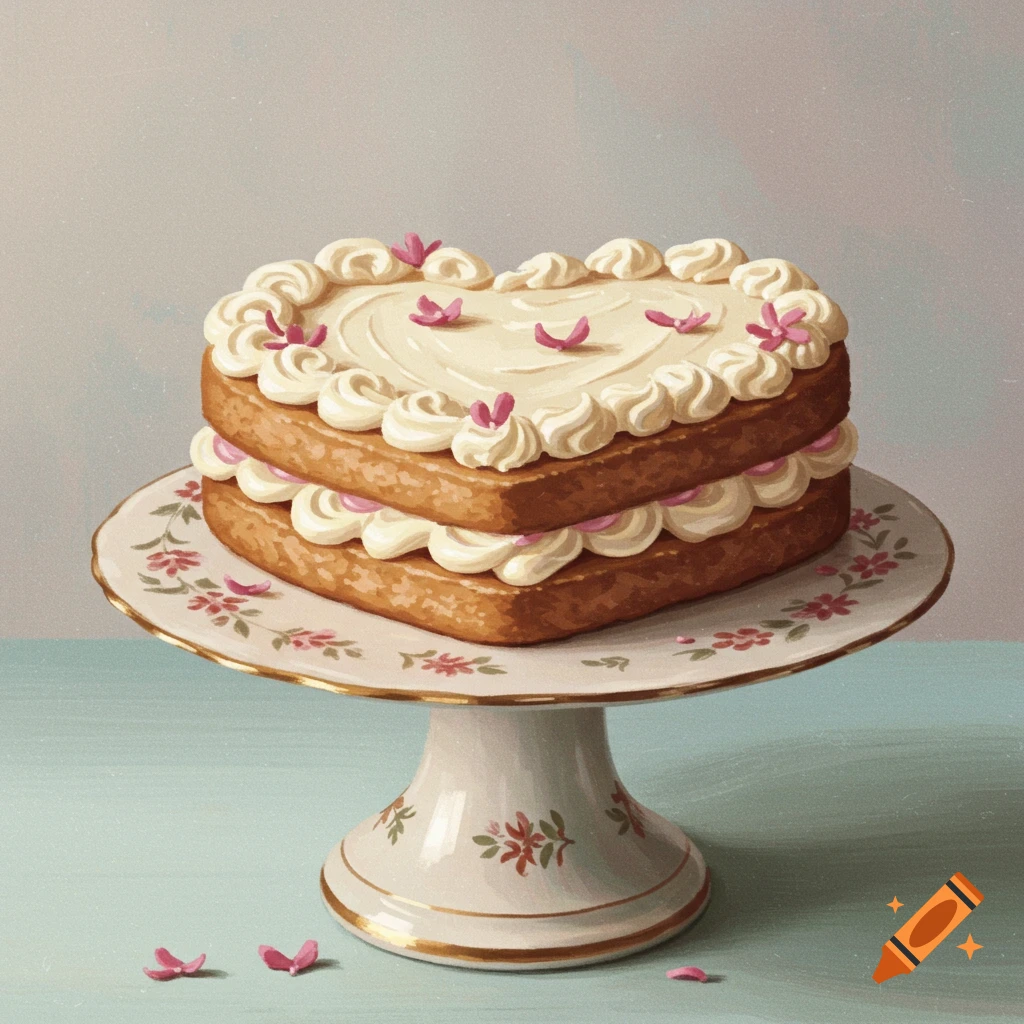 A heart-shaped cake on a cake stand.