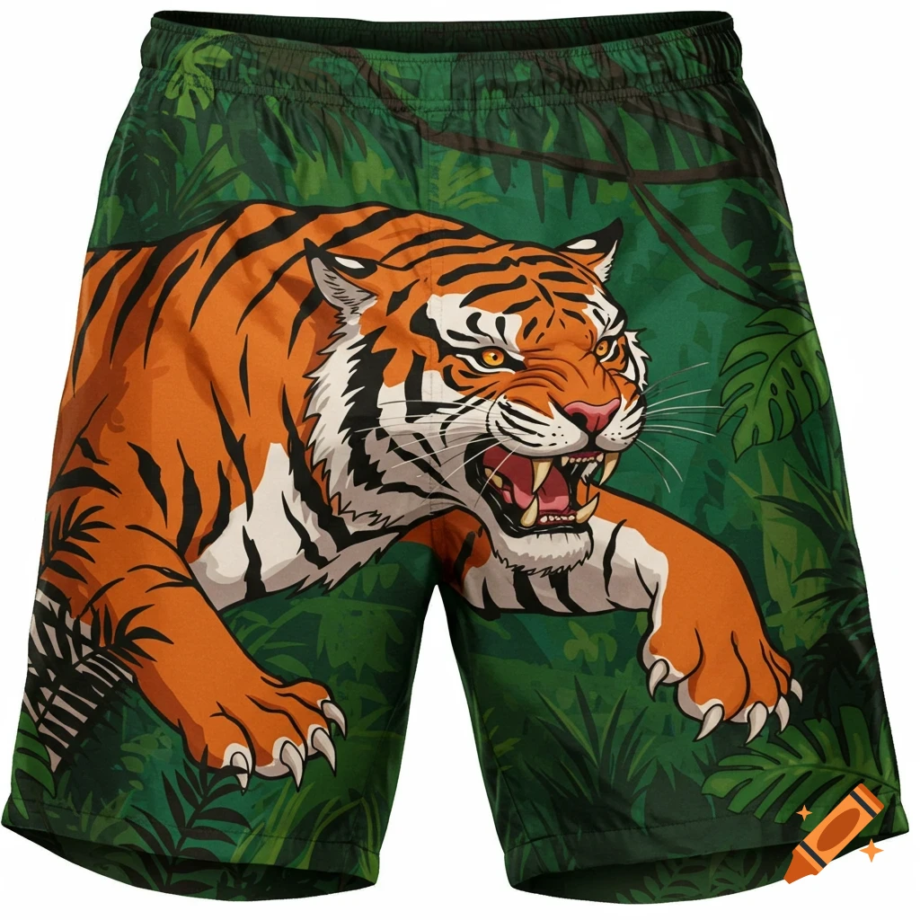 Green swim trunks with a roaring tiger in a jungle