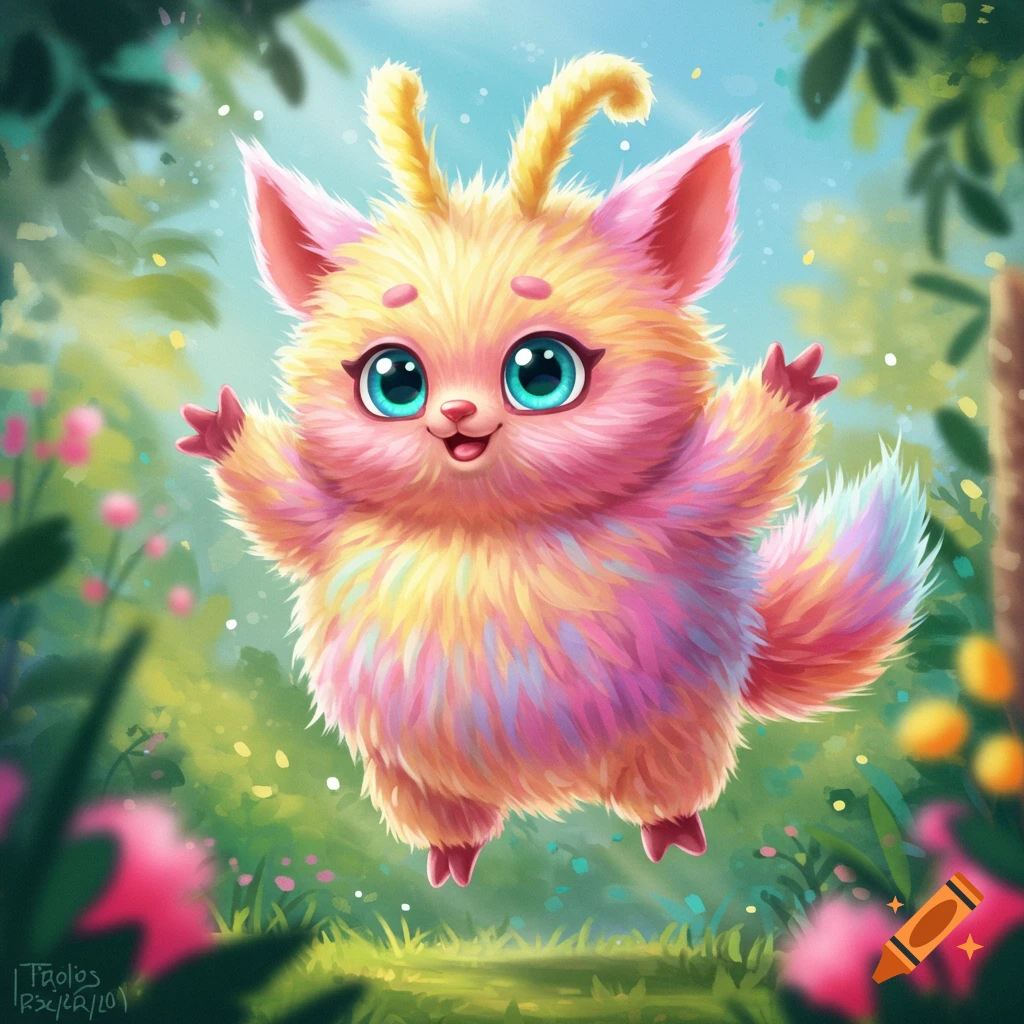 A fluffy pink and yellow creature with large blue eyes floats in a bright, colorful garden, digital art.