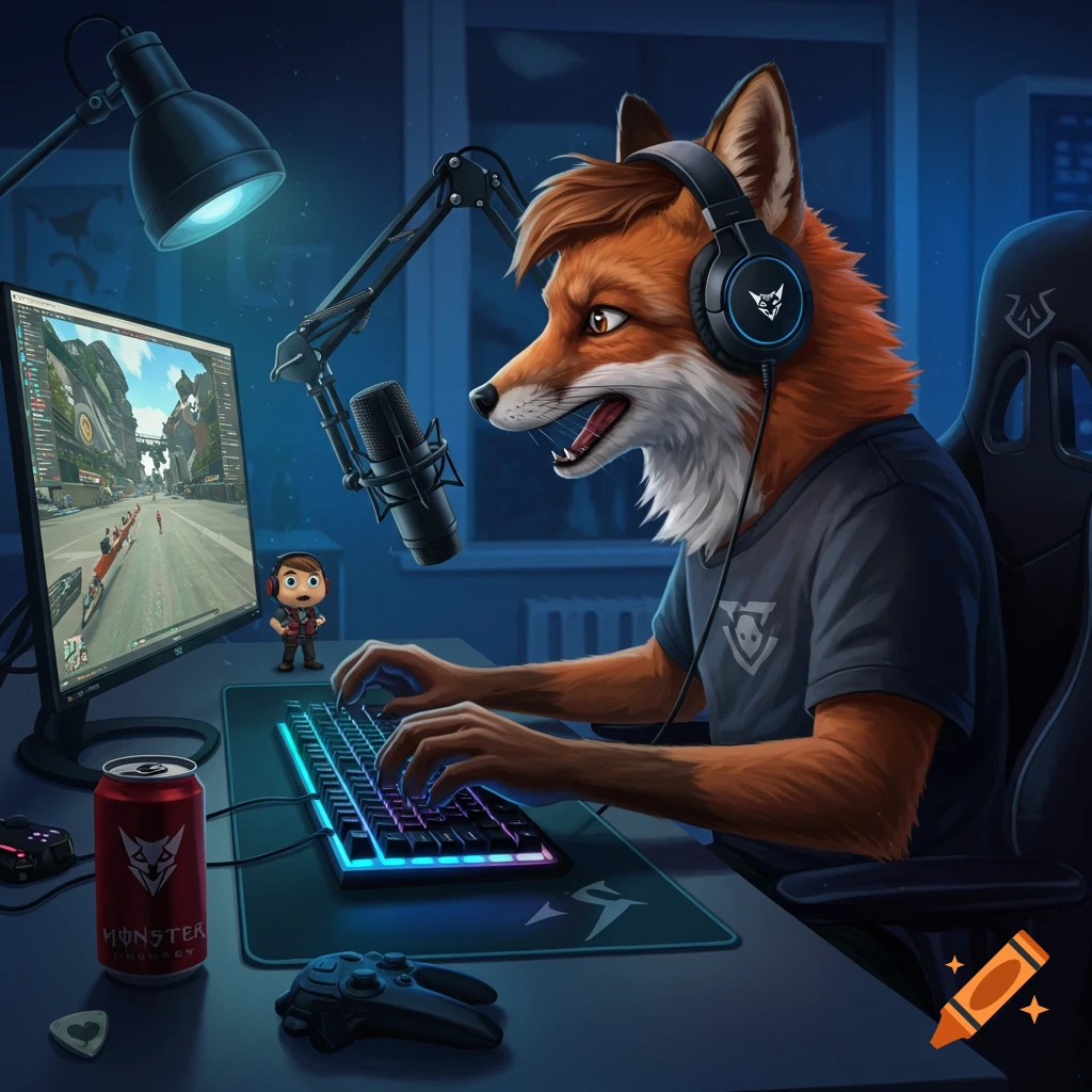A furry fox character wearing headphones and sitting at a computer gaming setup with a microphone.