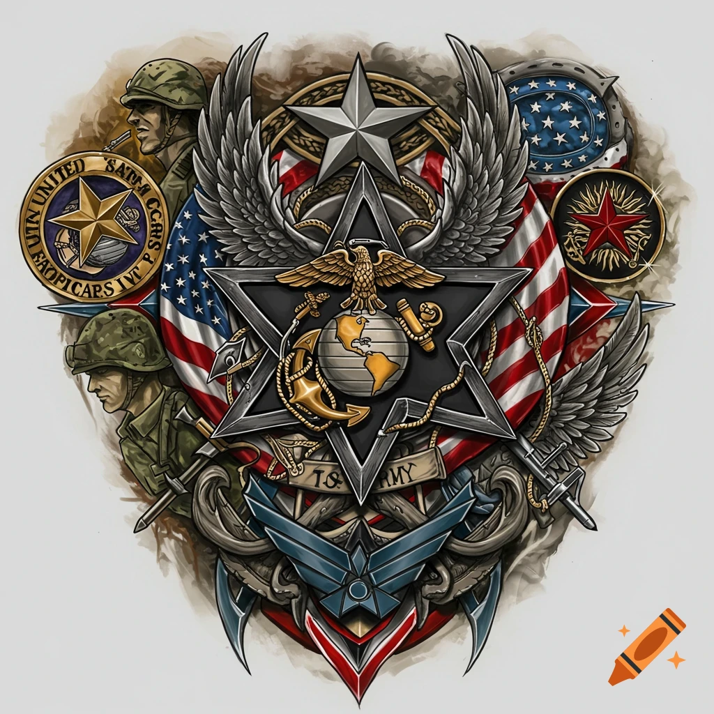 Military emblem illustration with US flag, Marine Corps, Army, Air Force symbols, soldiers, wings, and anchors.