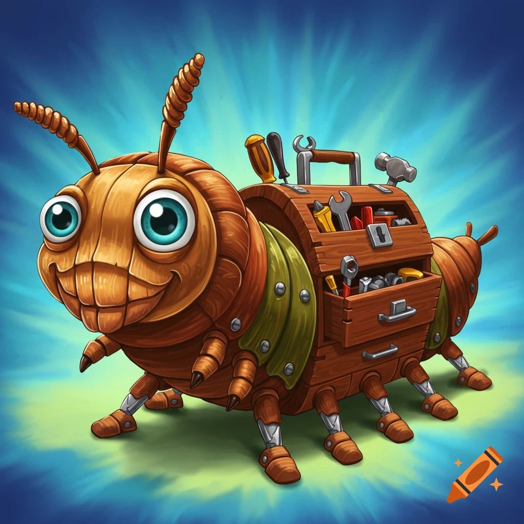 A happy, wooden, caterpillar-like creature with a toolbox body filled with tools.