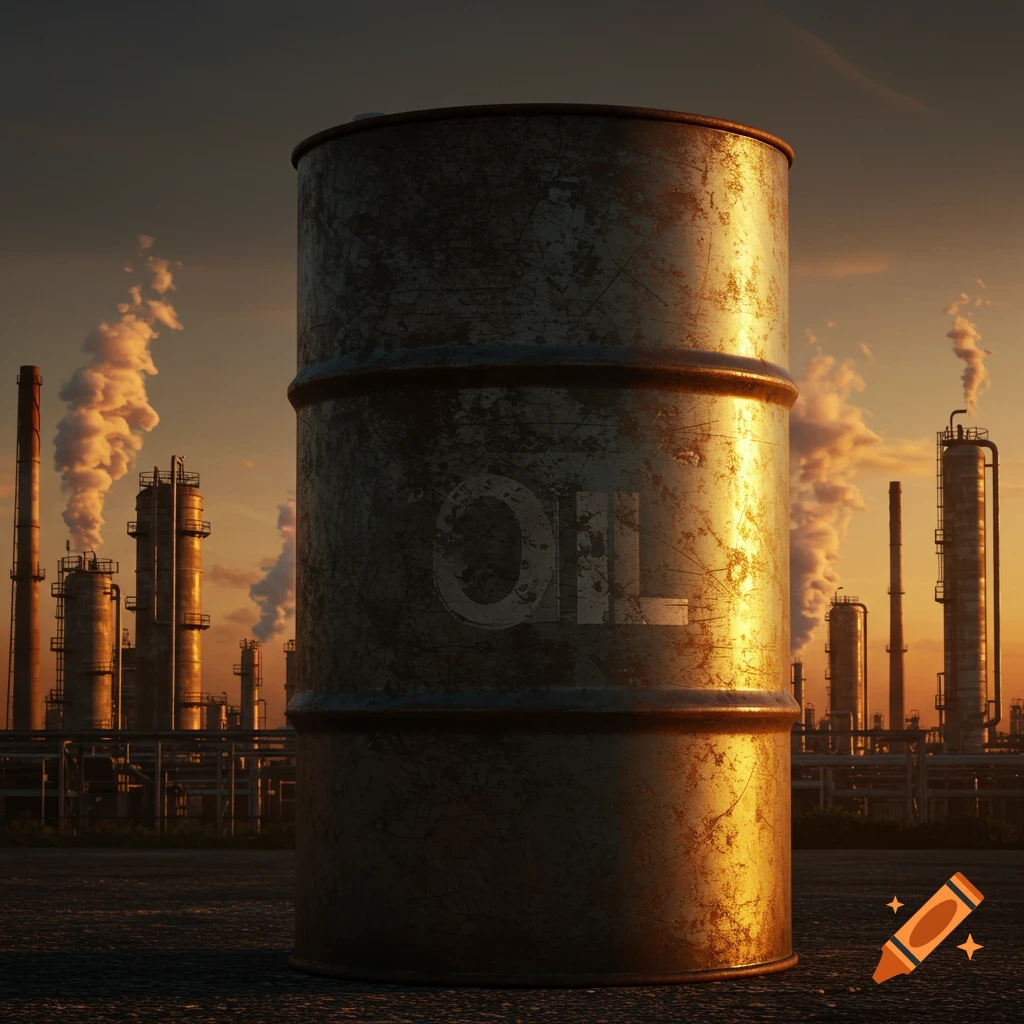 A large oil barrel with 'OIL' text stands before an industrial complex at sunset.