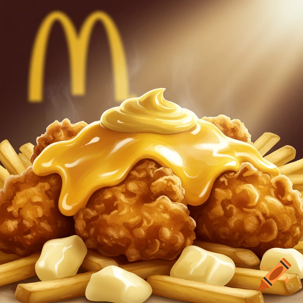 A McDonald's popcorn chicken poutine with cheese curds and gravy on fries.